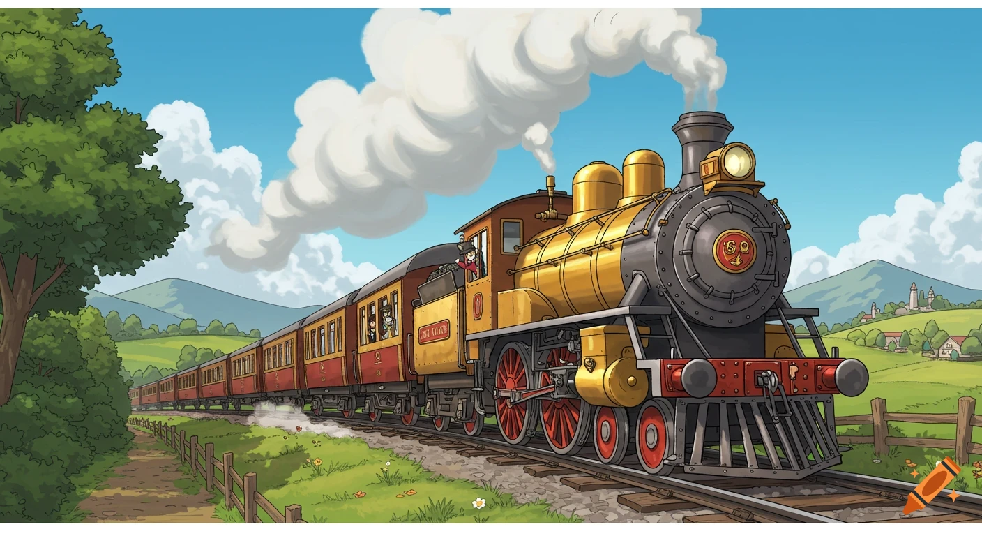 Cartoon steampunk-style train, gold and red, billows smoke as it travels through a green, hilly landscape under a blue sky.
