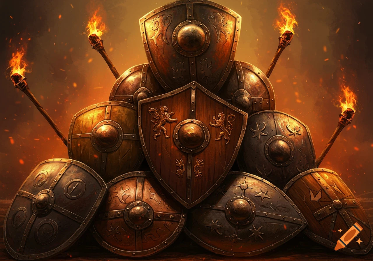 A large pile of battle-worn medieval shields and burning torches against a warm, fiery background.