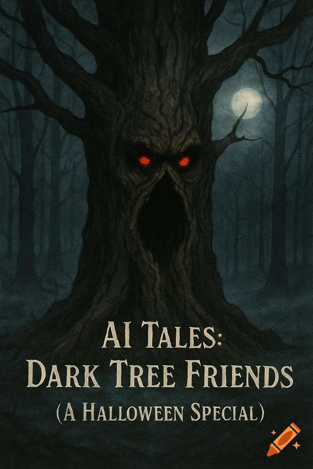 A gnarled tree monster with glowing red eyes in a dark, foggy forest under a full moon. Text: 'AI TALES: DARK TREE FRIENDS (A HALLOWEEN SPECIAL)'.