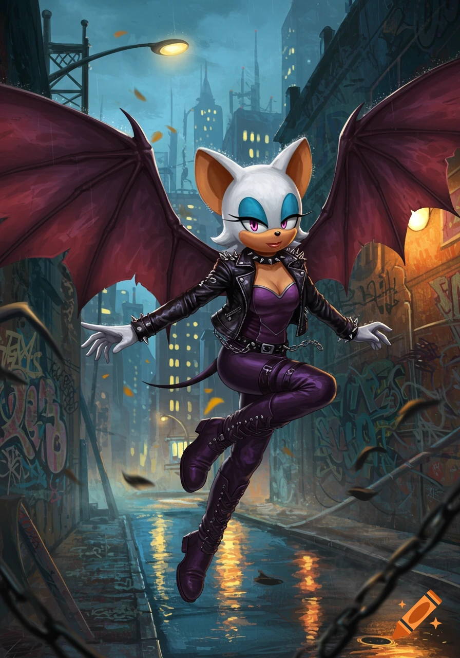 Gothic Rouge the Bat flies in a dark, rainy city alley with streetlights and graffiti.