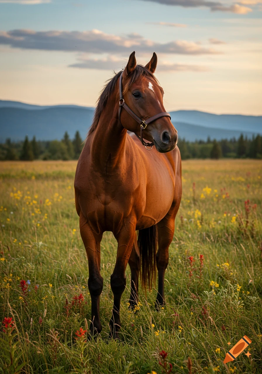 A brown horse with a white blaze stands in a grassy field with wildflowers, mountains, and a cloudy sky at sunset.