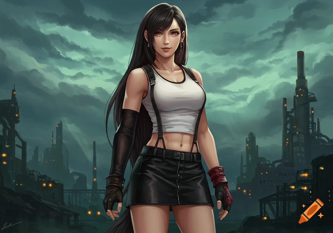 Anime-style illustration of Tifa Lockhart with long dark hair, wearing a white crop top and black skirt, standing in an industrial city.