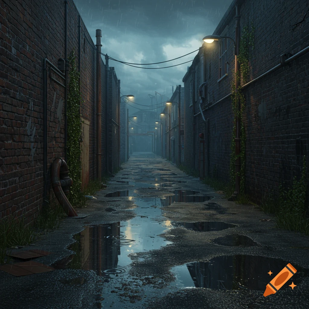 A dark, rundown alleyway with puddles reflecting streetlights, rusty pipes, and brick buildings under a stormy sky, photorealistic.