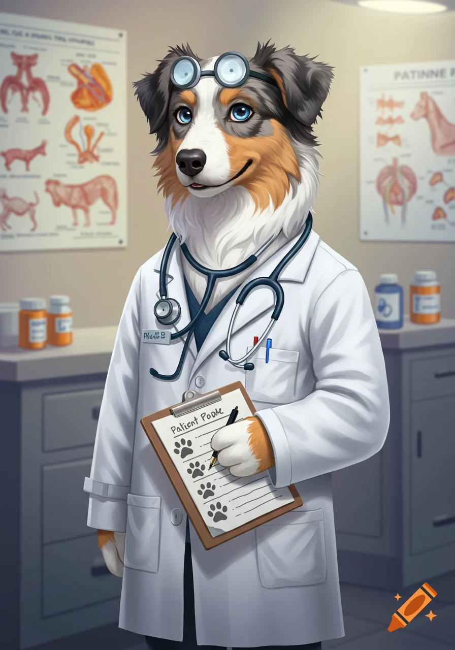 Cartoon Australian Shepherd dog doctor with a stethoscope and clipboard in a vet's office.