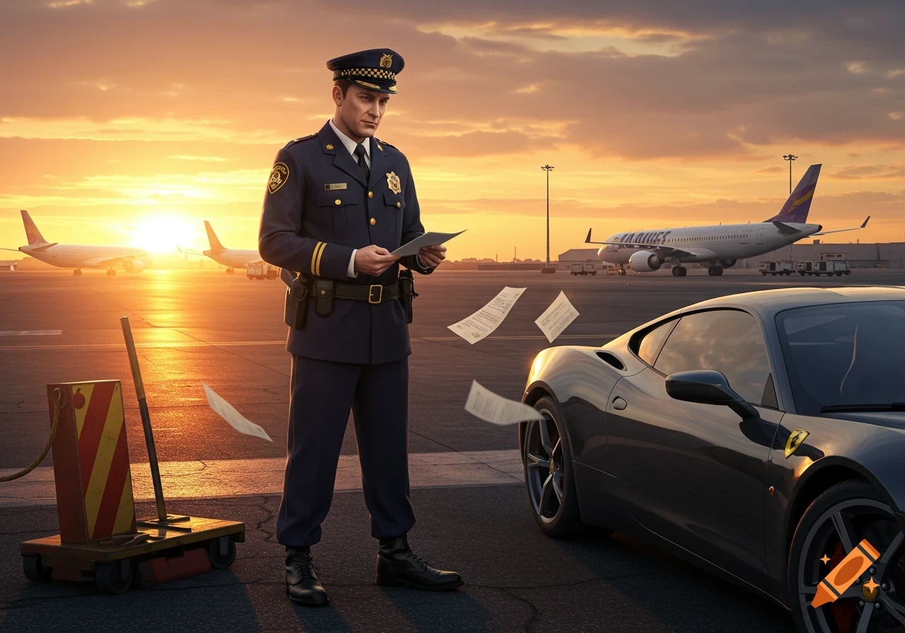 A police officer stands on an airport runway at sunset next to a sports car, looking at documents as airplanes are visible in the background.