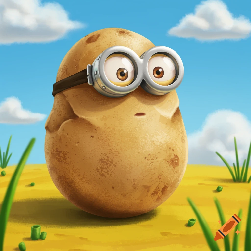 Cartoon illustration of a potato wearing Minion-style goggles, standing in a field under a blue sky.
