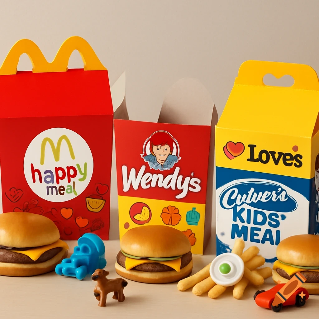 A still life photo of McDonald's, Wendy's, and Culver's kids' meals with burgers, fries, and plastic toys on a table.