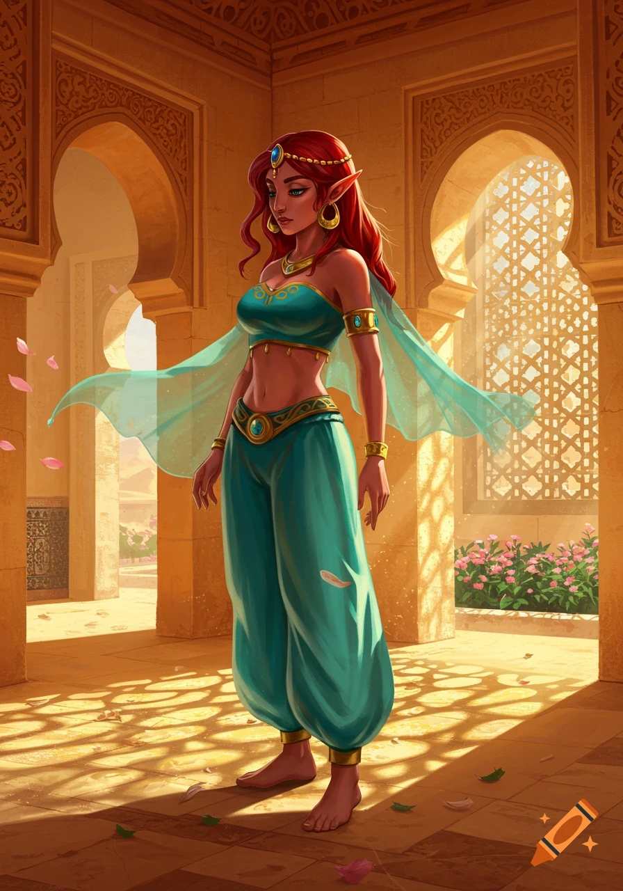 An elf-like woman with red hair in a teal, two-piece desert outfit stands in a sunlit hall with ornate arches.