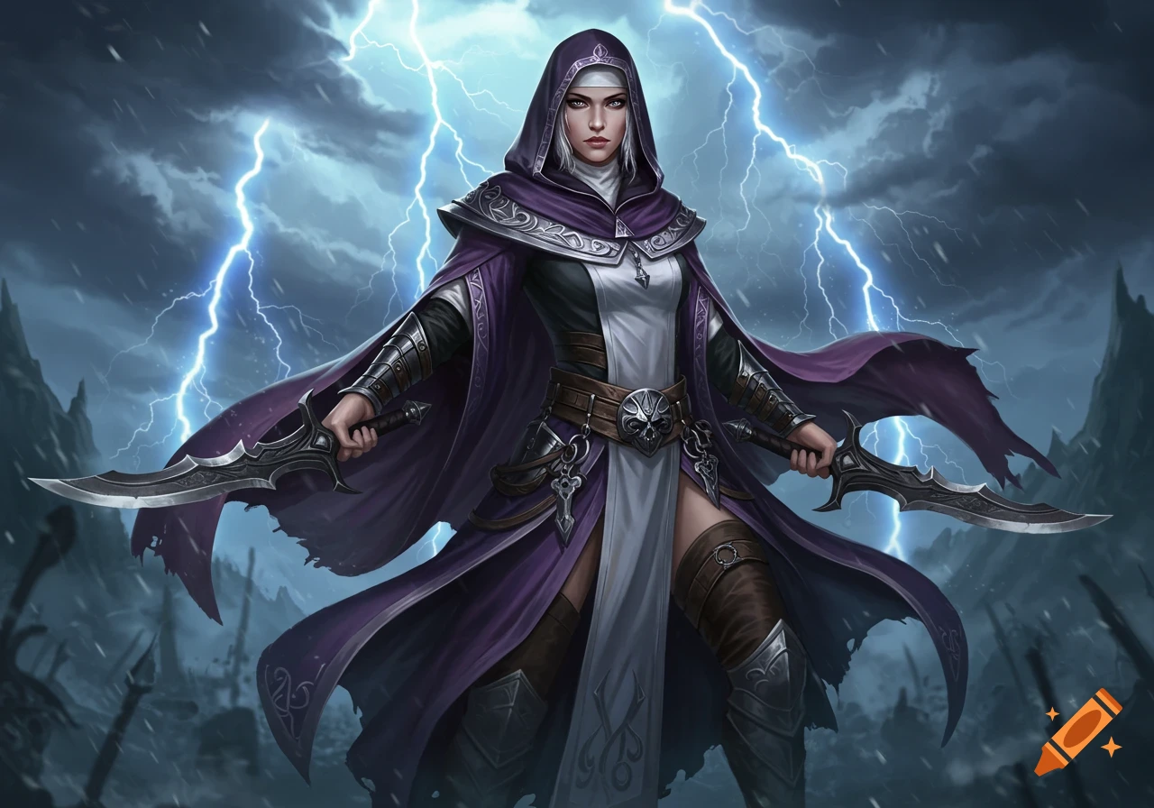 A powerful battle nun in purple robes and armor stands with two daggers against a stormy, lightning-filled fantasy backdrop.