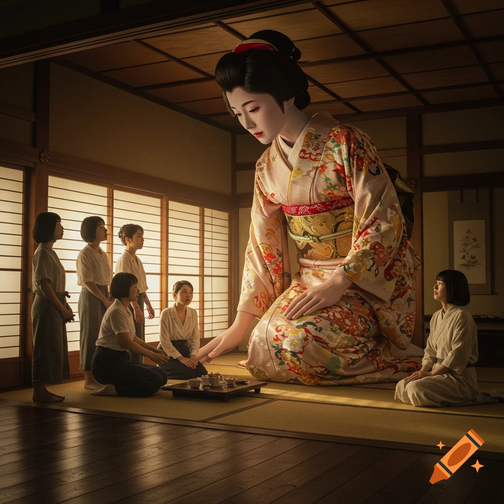A photorealistic image of a giant Japanese woman in a traditional kimono crouching in a tatami room, with several normal-sized women around her.