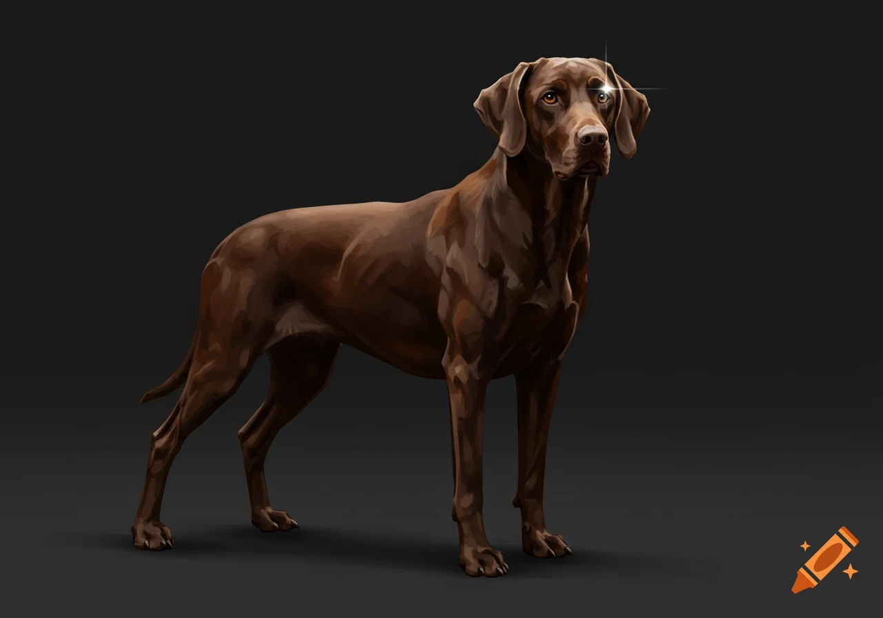 A brown Vizsla dog stands against a dark grey background, rendered in a detailed digital painting style.
