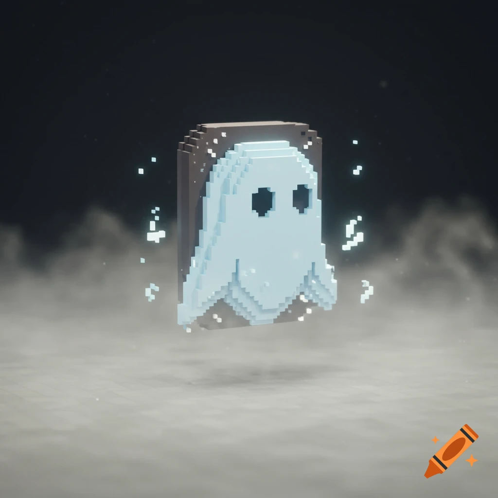 A voxel-style light blue ghost with black eyes floats above mist against a dark background.