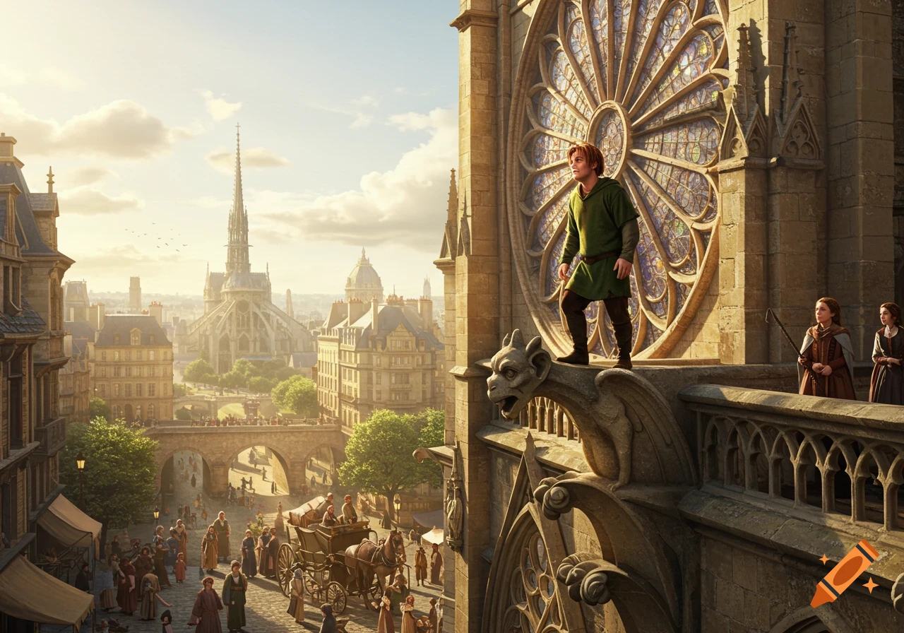 A man in green stands on a gargoyle on a grand cathedral, overlooking a bustling medieval city street below, bathed in golden light.