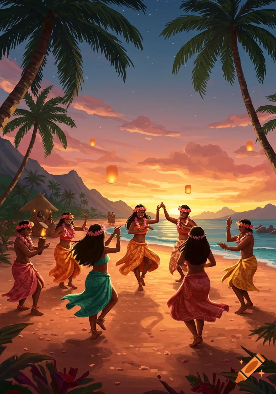 Colorful illustration of women in traditional attire dancing on a tropical beach at sunset with floating lanterns.