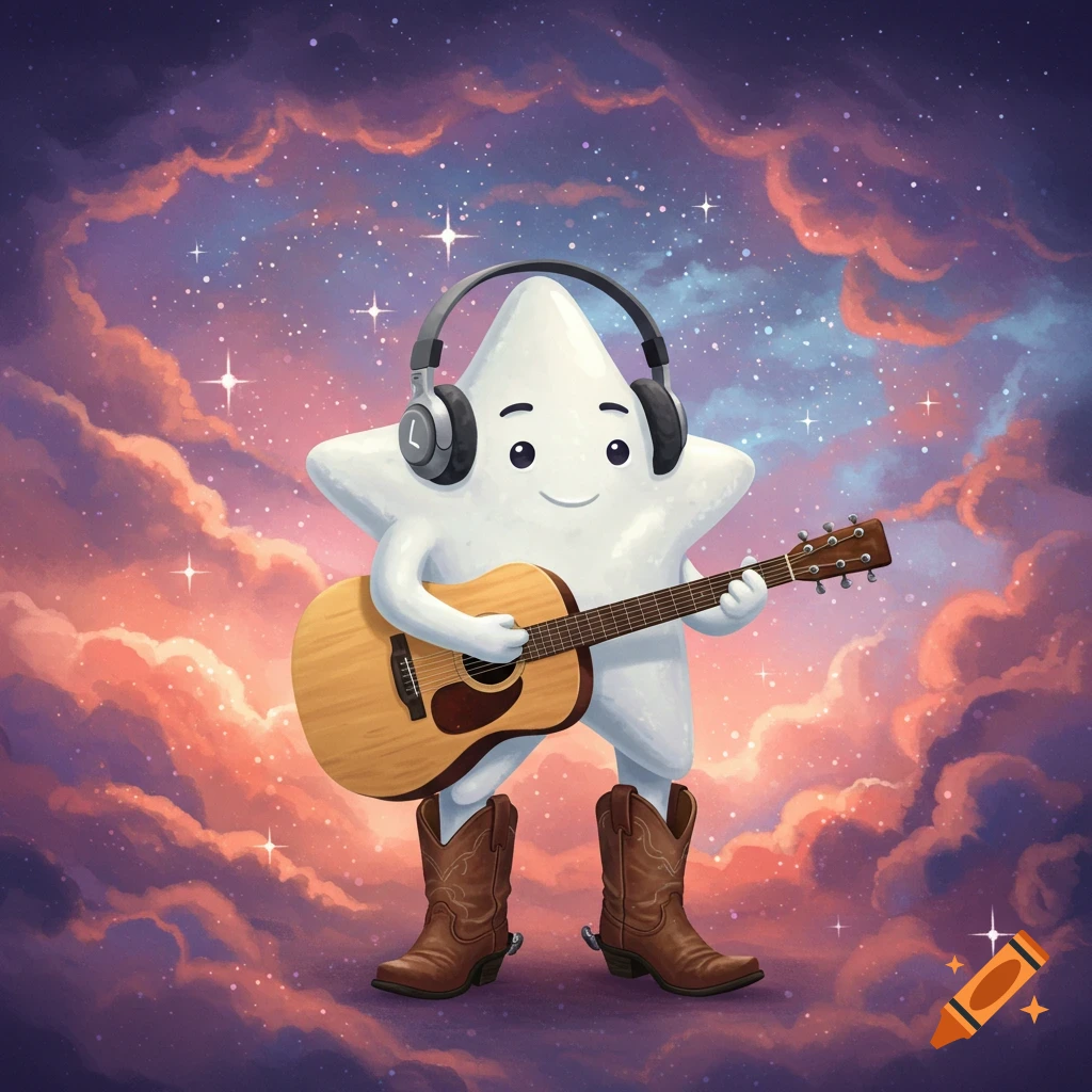 A cute white cartoon star wearing headphones and cowboy boots, playing an acoustic guitar amidst a purple and orange starry sky with clouds.
