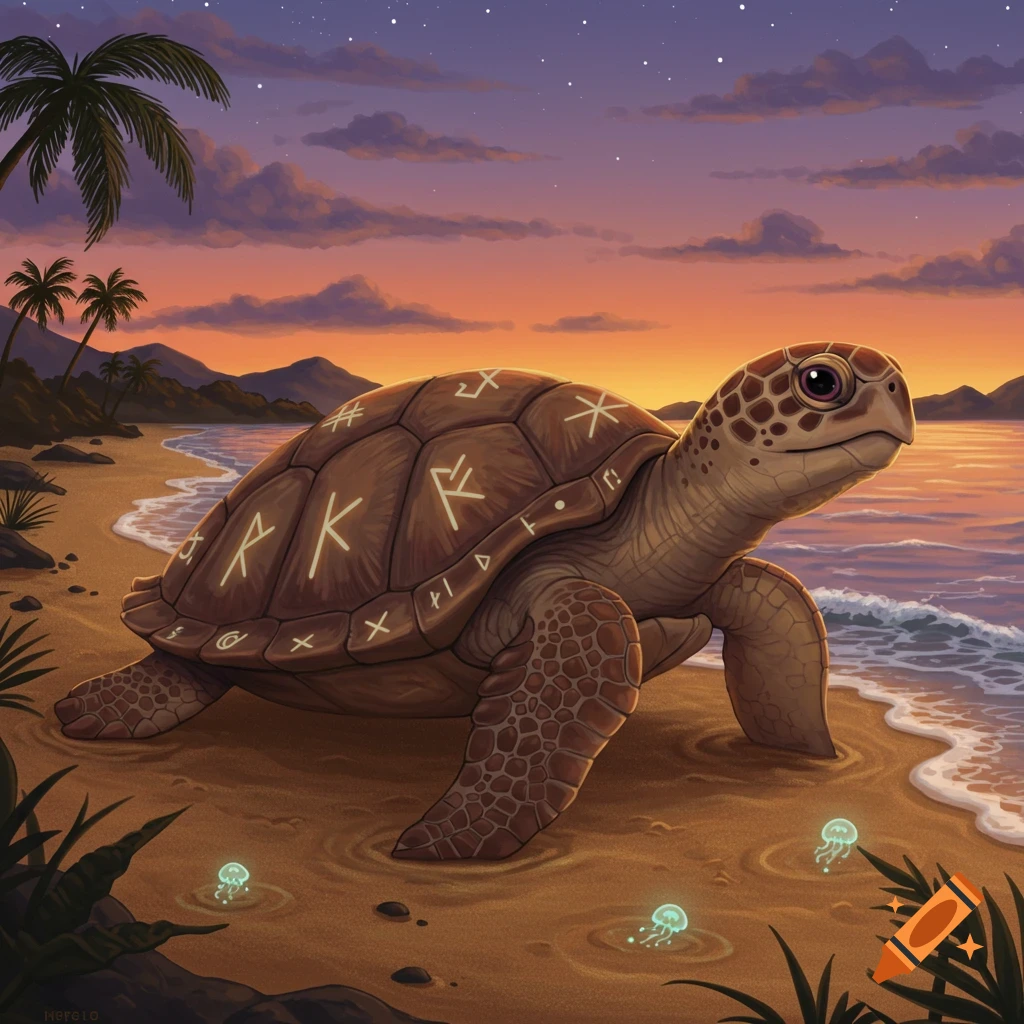 A stylized sea turtle with glowing symbols on its shell stands on a sandy beach at sunset, with small bioluminescent jellyfish in the sand and palm trees in the background.