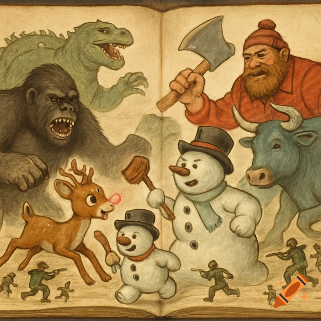 Vintage illustration of Rudolph, Frosty, a giant ape, lizard, lumberjack, blue ox, and army men on an open storybook.
