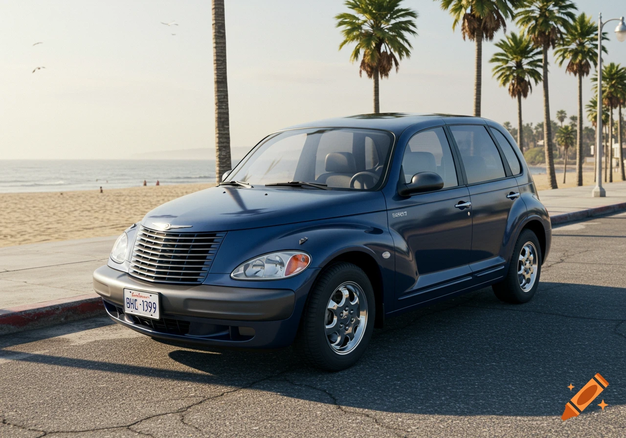 A dark blue Chrysler PT Cruiser is parked on a paved road next to a sandy beach lined with palm trees under a bright sky.