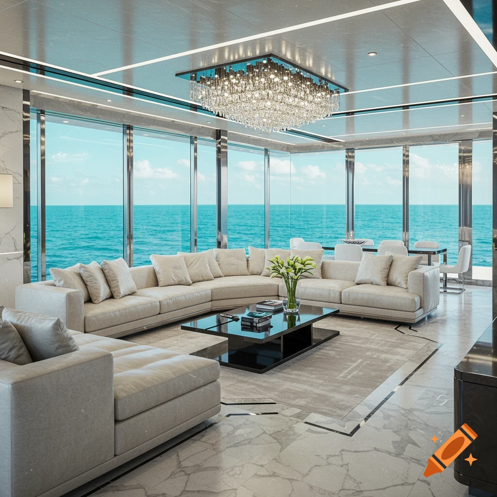 Luxurious ultra-modern living room on a mega yacht with large windows overlooking the ocean.