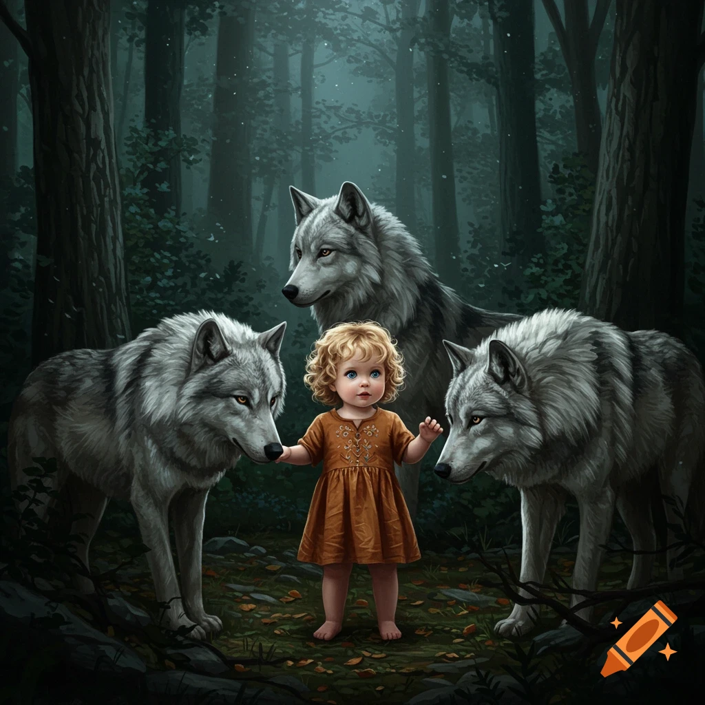 A small blonde toddler girl in an orange dress stands between three large grey wolves in a dark, misty forest, digital painting.