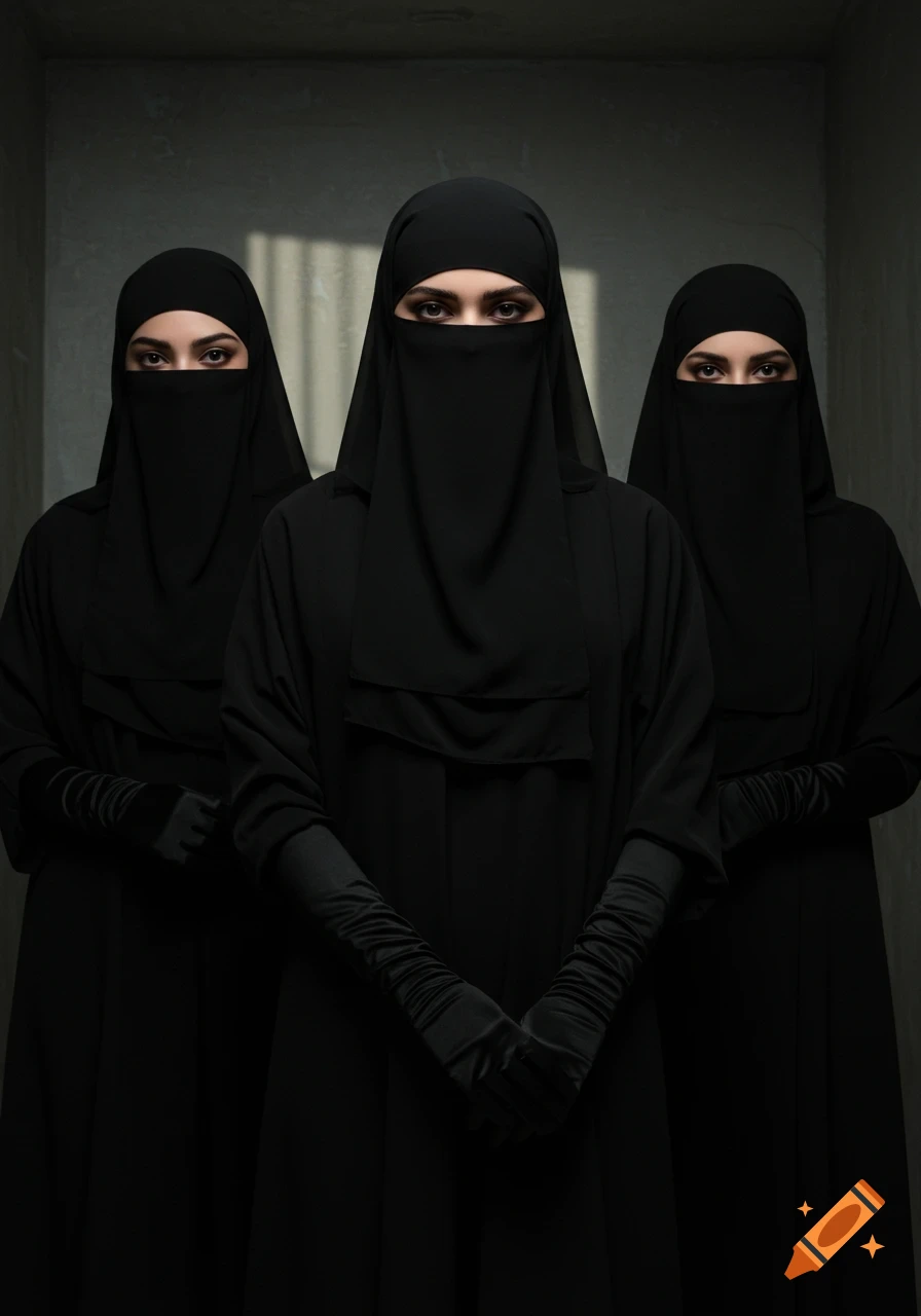 Three women wearing black niqabs and gloves stand in a dark, confined room, looking forward. Photorealistic style.