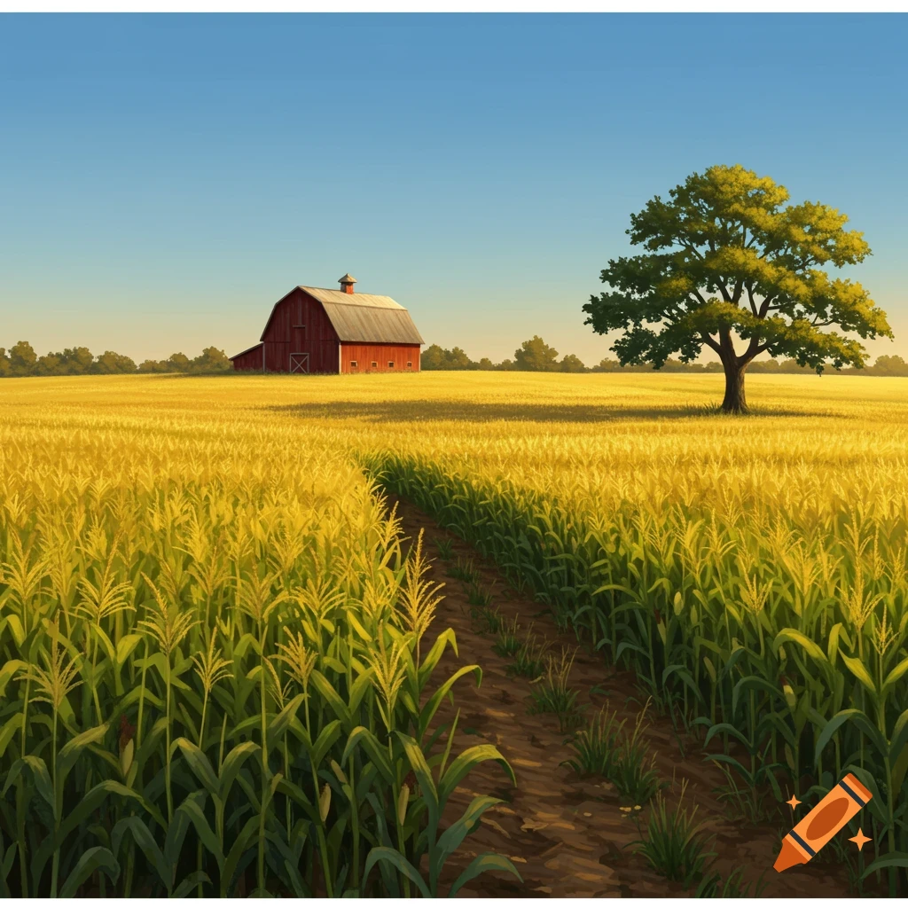 A dirt path through a vibrant green and yellow cornfield leading to a red barn in the distance, with a large tree on the right under a clear blue sky.