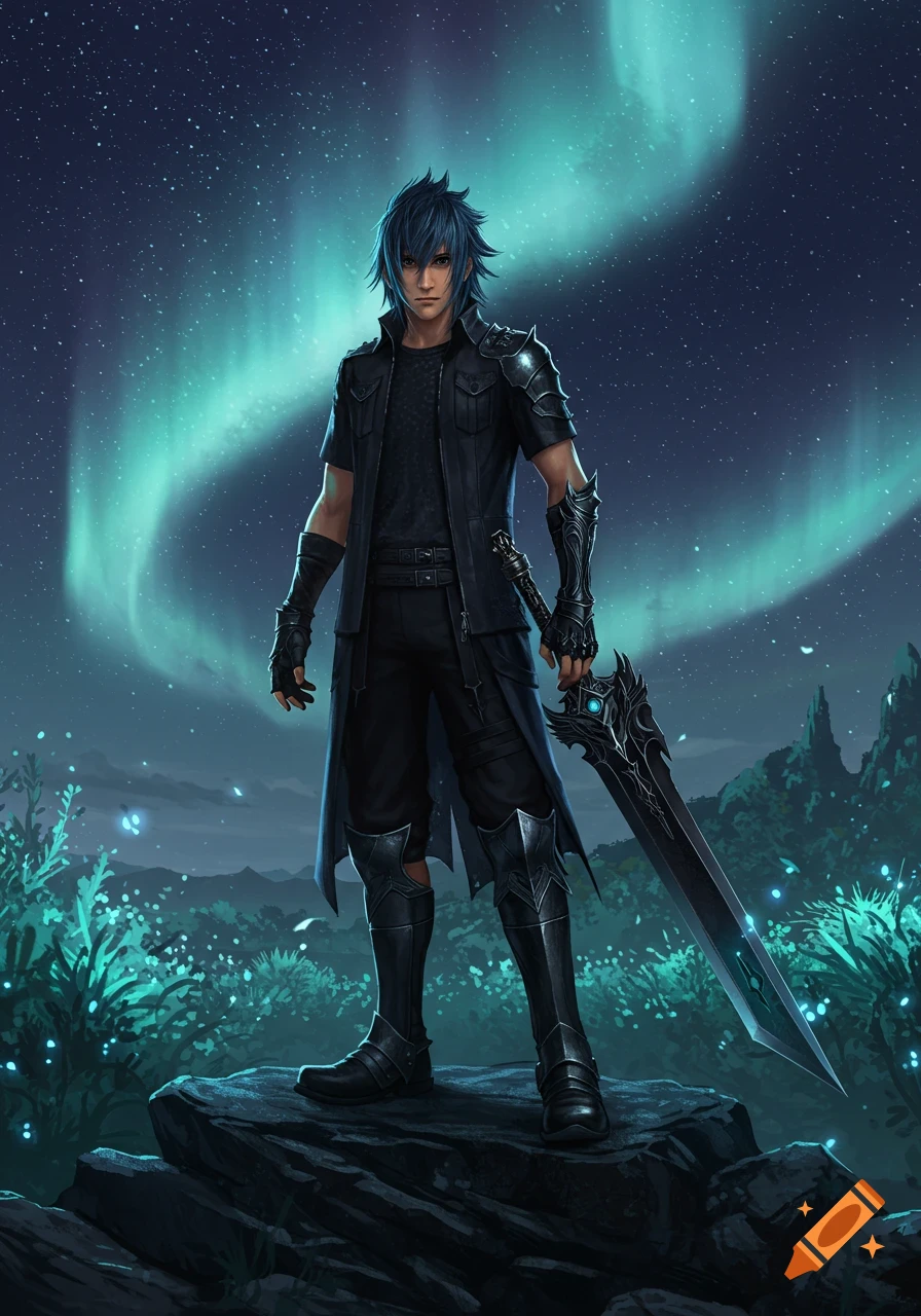 A fantasy character, resembling Noctis, stands on a rock with a sword under an aurora-lit starry sky, surrounded by glowing blue plants.