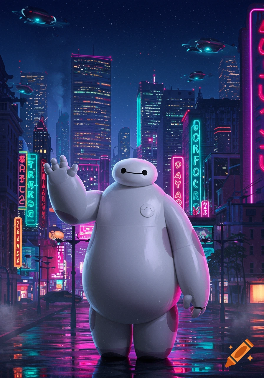 Baymax waves in a vibrant, neon-lit futuristic city at night with flying vehicles and wet streets.