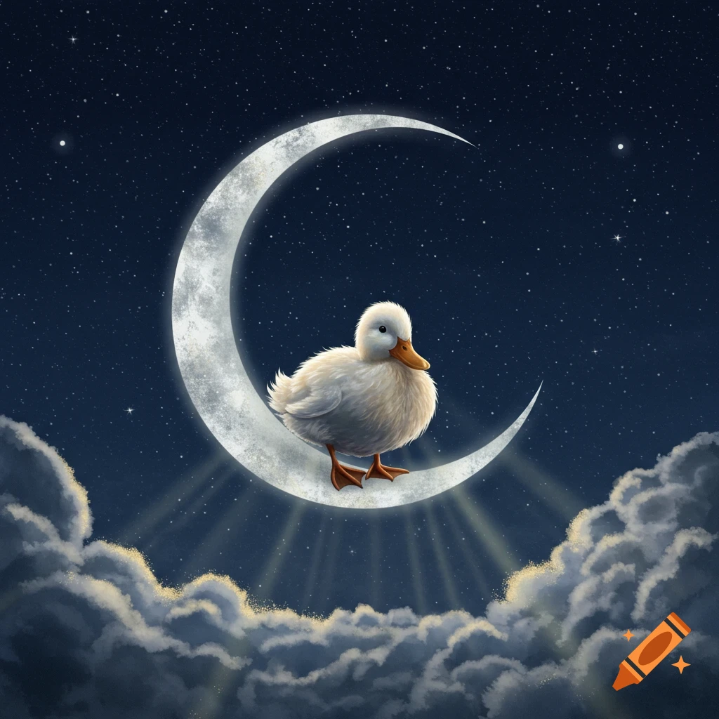 A fluffy white duckling sits on a crescent moon against a dark, star-filled night sky with glowing clouds below. Illustrated.
