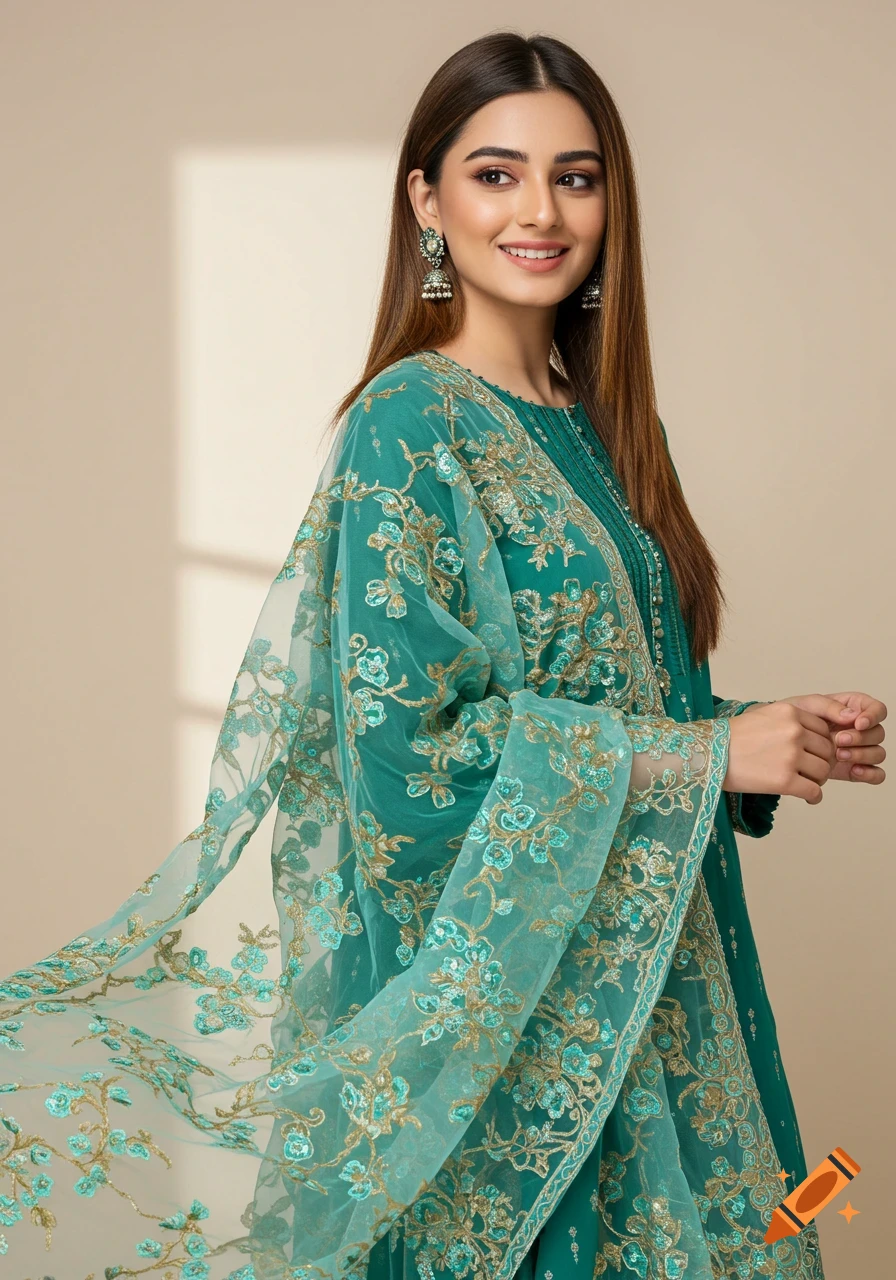 A smiling South Asian woman in a teal-green dress with an embroidered light blue floral dupatta draped over her shoulder.