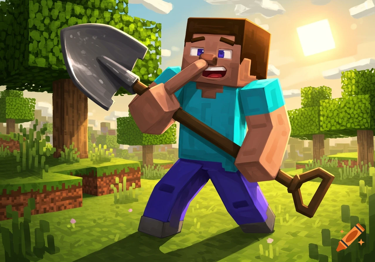 Steve from Minecraft picks his nose with a shovel in a sunny, blocky forest landscape.