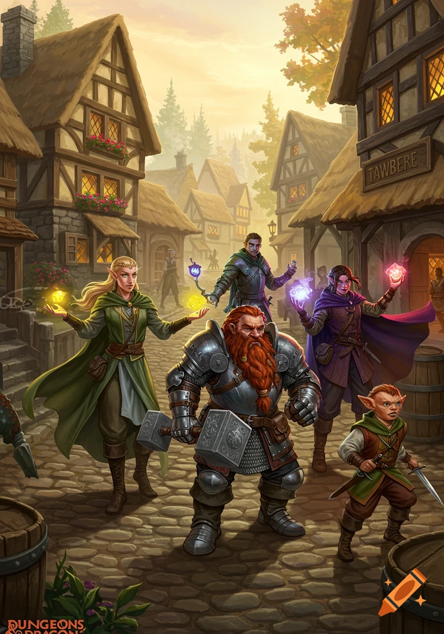A fantasy adventuring party, including an elf, a dwarf, a gnome, and human characters, stands in a medieval village at sunset.