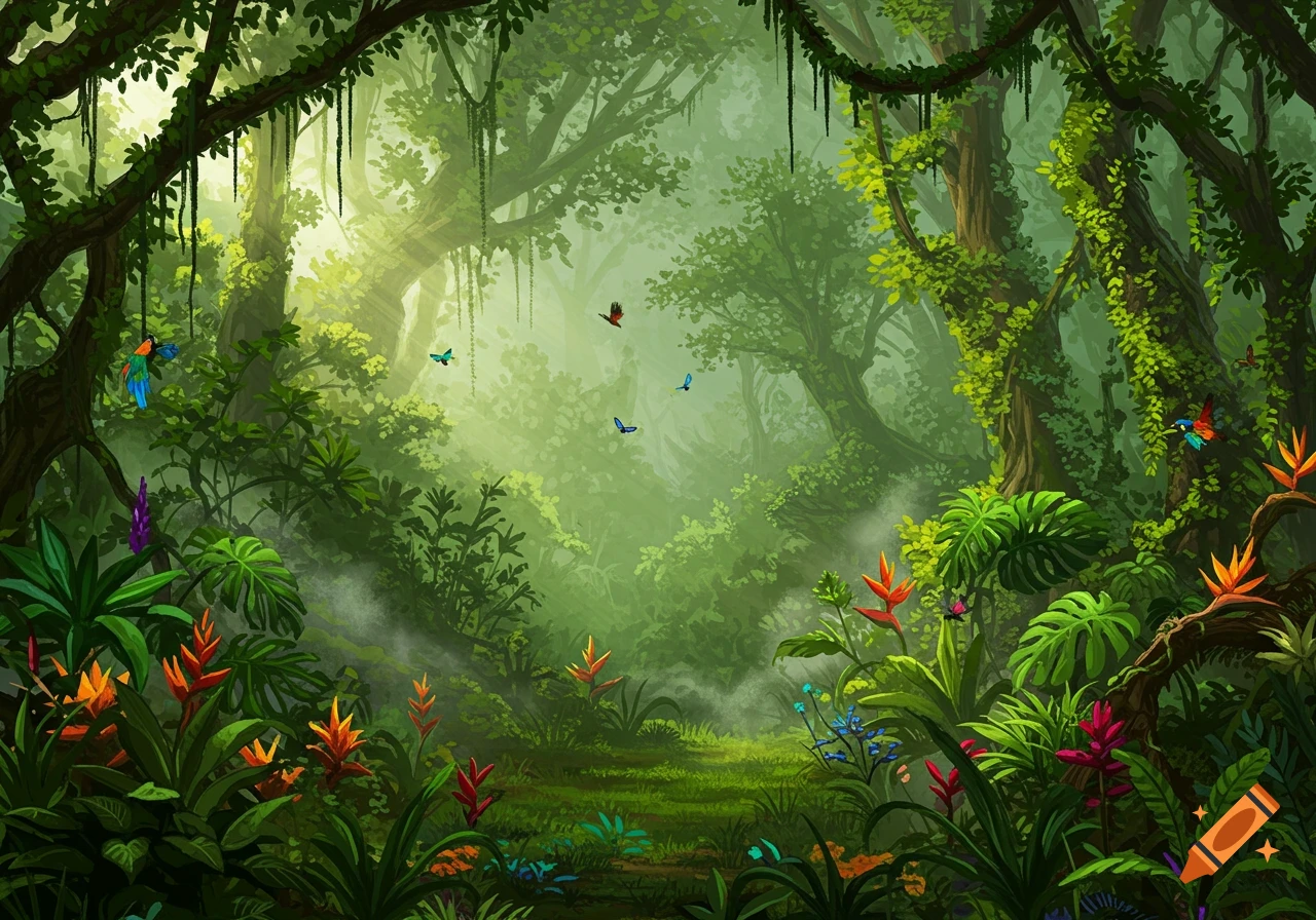 A lush, vibrant jungle scene with tall trees, dense foliage, colorful exotic flowers, and small birds flying, bathed in ethereal light.