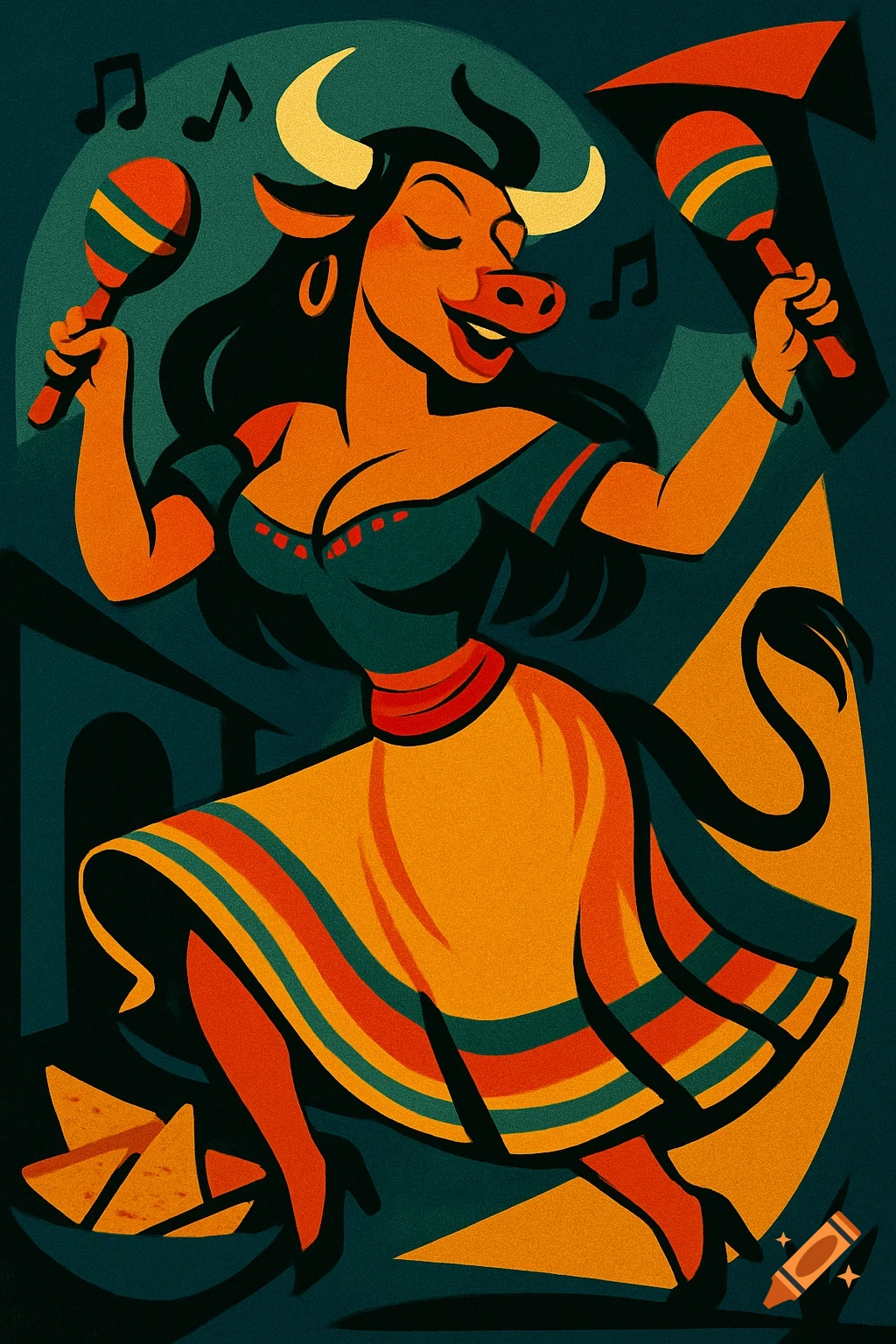 A stylized bull-lady character dancing energetically with maracas, wearing traditional Mexican attire in a vintage cartoon art style.