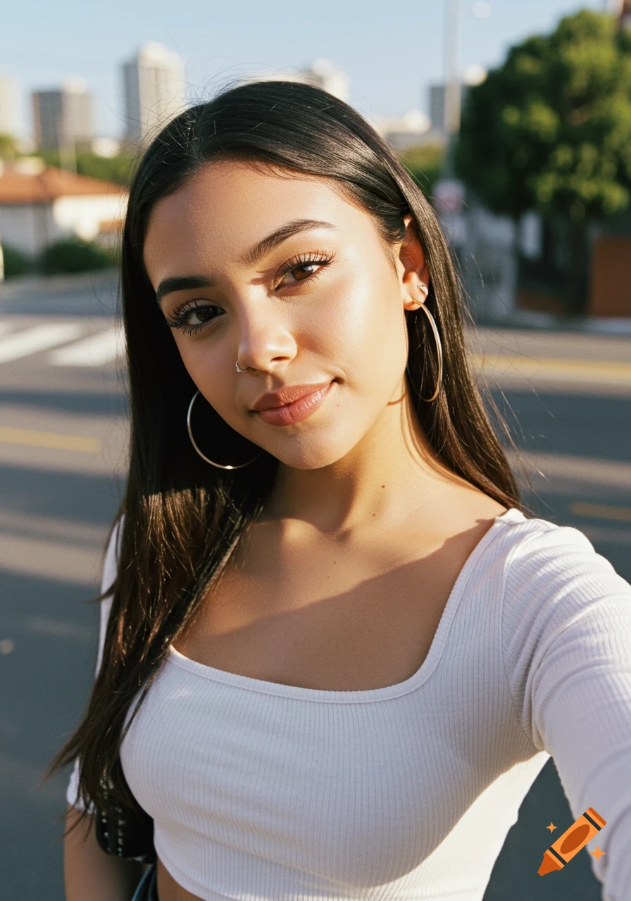 Photorealistic selfie of a young woman with long dark hair, hoop earrings, and a white crop top, smiling in an urban setting.