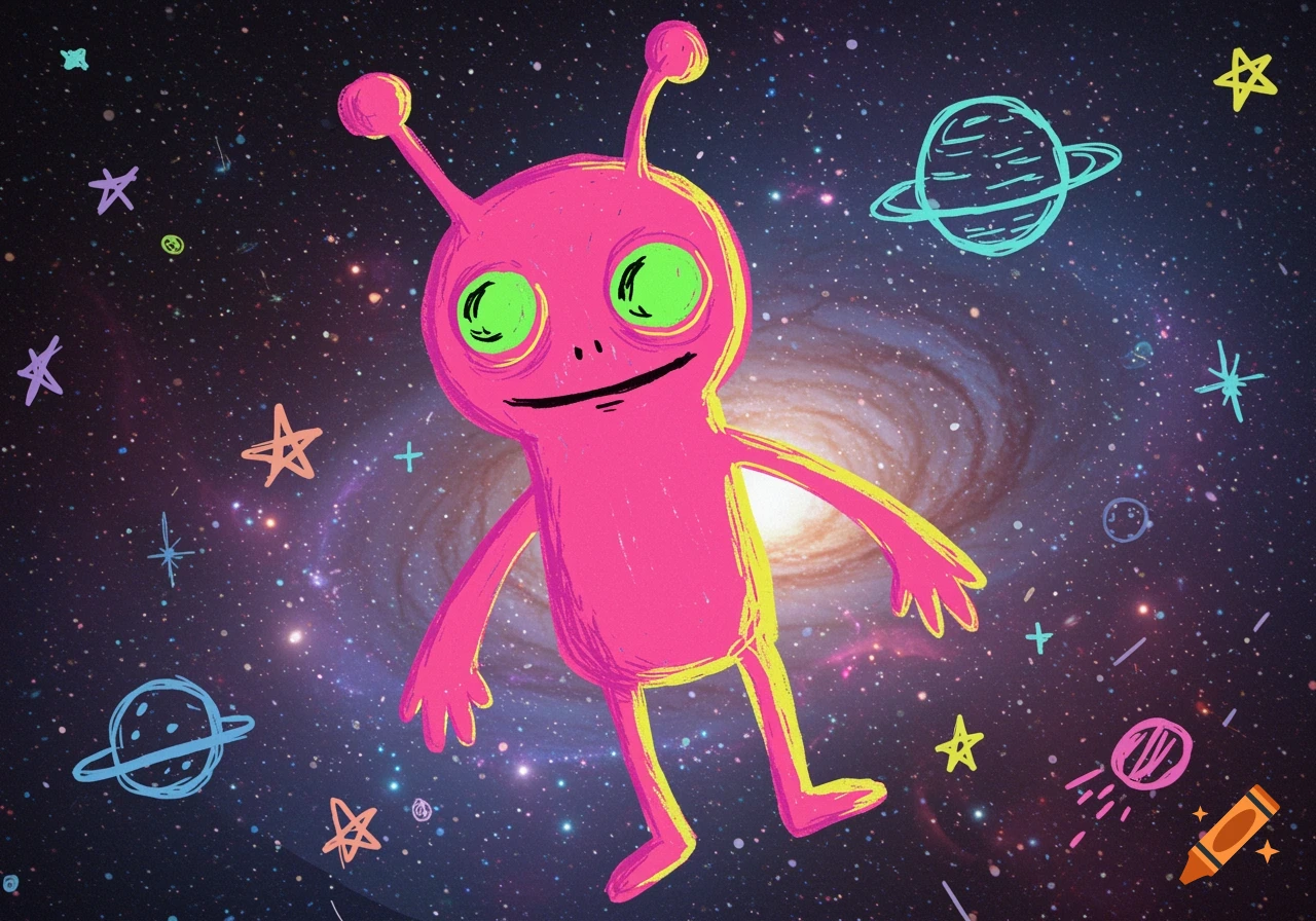 A crude child's drawing of a smiling pink alien with big green eyes floating in a galaxy with colorful drawn stars and planets.