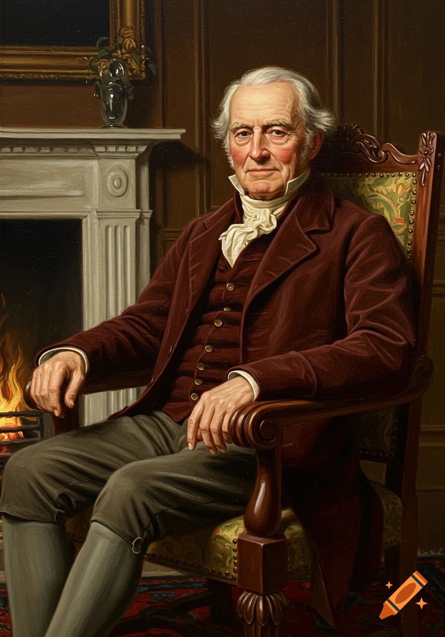 Oil painting of an elderly man with white hair in historical attire, seated in an ornate chair by a fireplace.