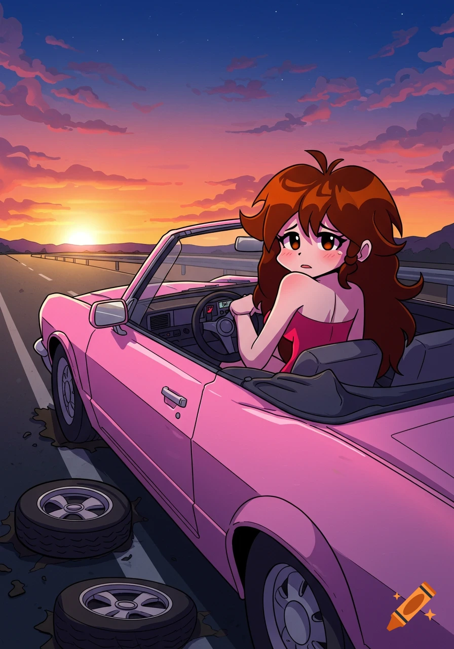 Anime girl, Girlfriend from FNF, in a pink convertible with detached wheels on a highway at sunset.