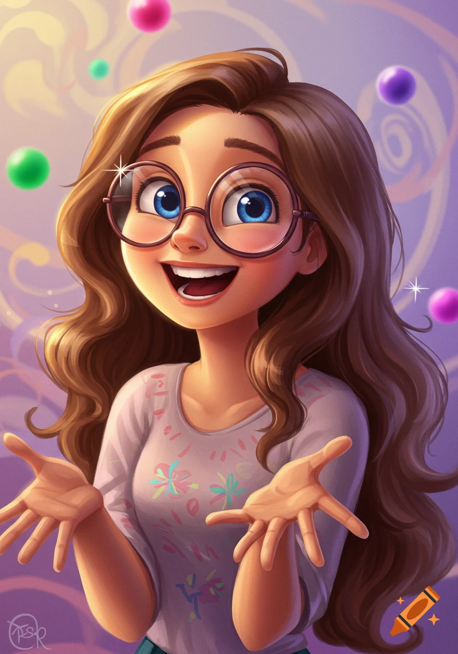 A joyful cartoon girl with long wavy brown hair and round glasses, smiling with open hands, surrounded by colorful floating spheres.