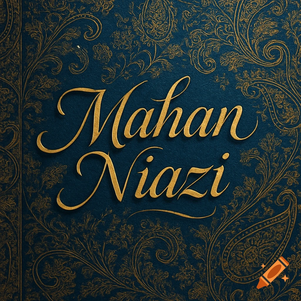 Elegant gold calligraphy of 'Mahan Niazi' on a deep blue background with intricate golden Iranian patterns.