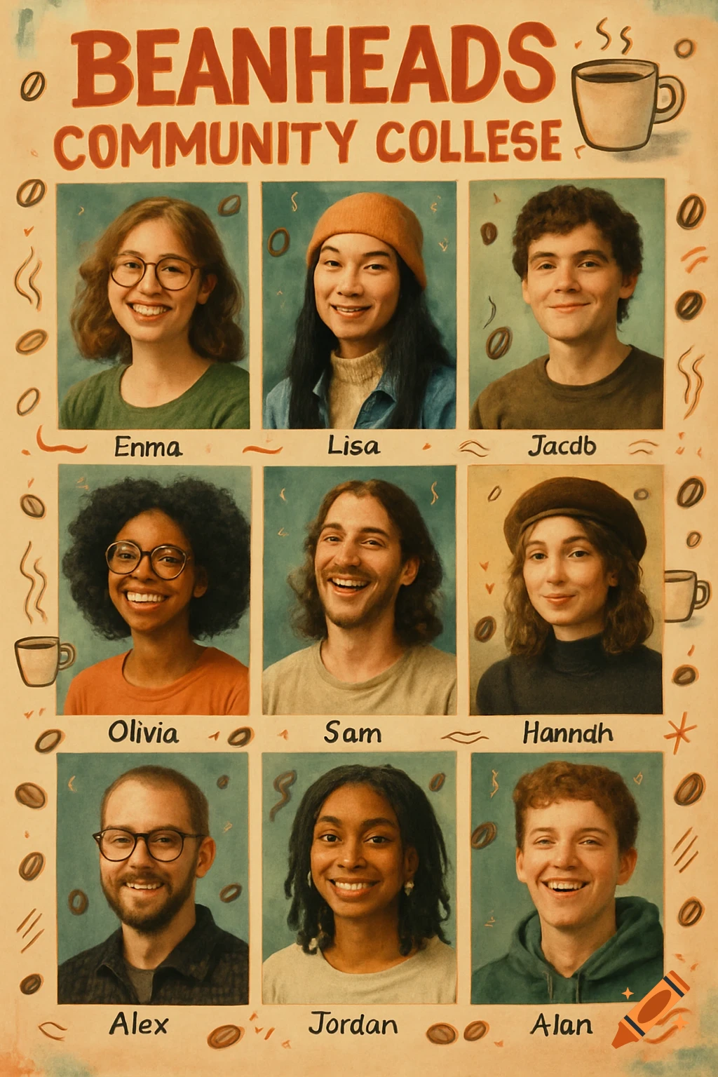 Vintage-style yearbook poster for Beanheads Community College with nine smiling diverse student portraits in a grid, decorated with coffee beans.