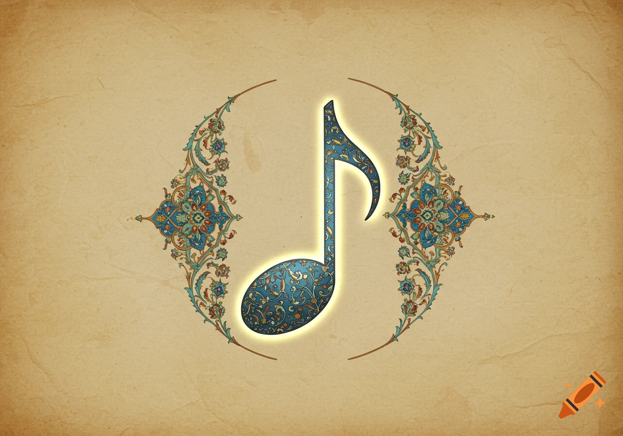 A glowing blue musical quaver note with intricate Persian patterns, framed by decorative floral designs on a textured parchment background.