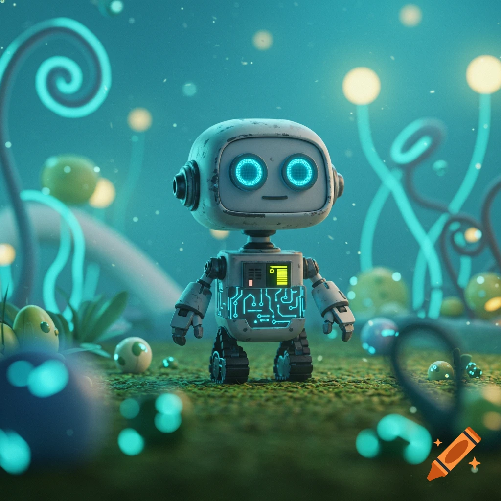 A cute, stylized robot with glowing blue eyes and circuit patterns stands on grassy ground amidst glowing plants in a fantasy setting.