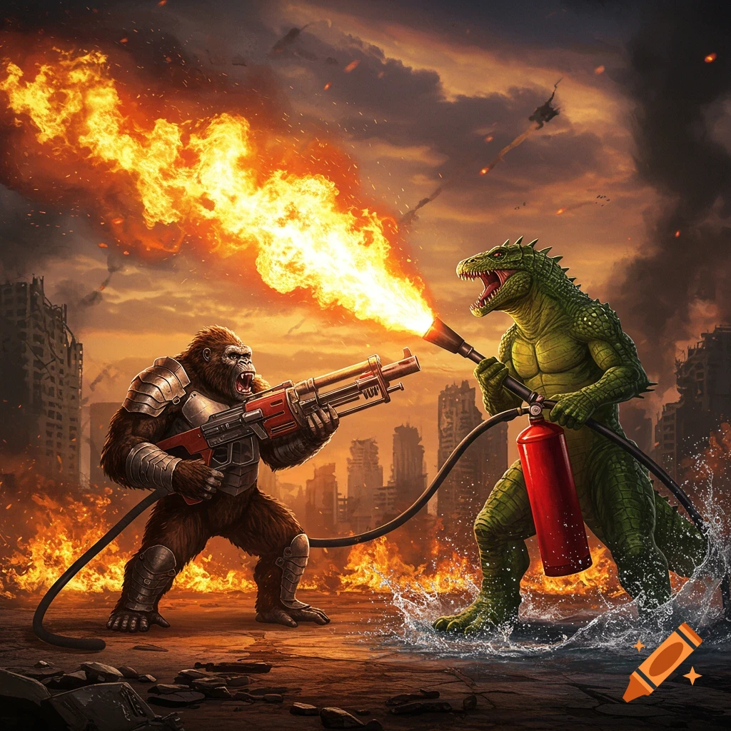 A giant armored ape wielding a flamethrower battles a green reptile monster with a fire extinguisher in a burning, ruined city.