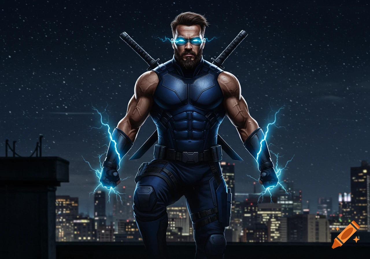 Muscular superhero in blue tactical armor with glowing blue eyes and electricity, standing on a dark city rooftop at night with dual katanas on his back.