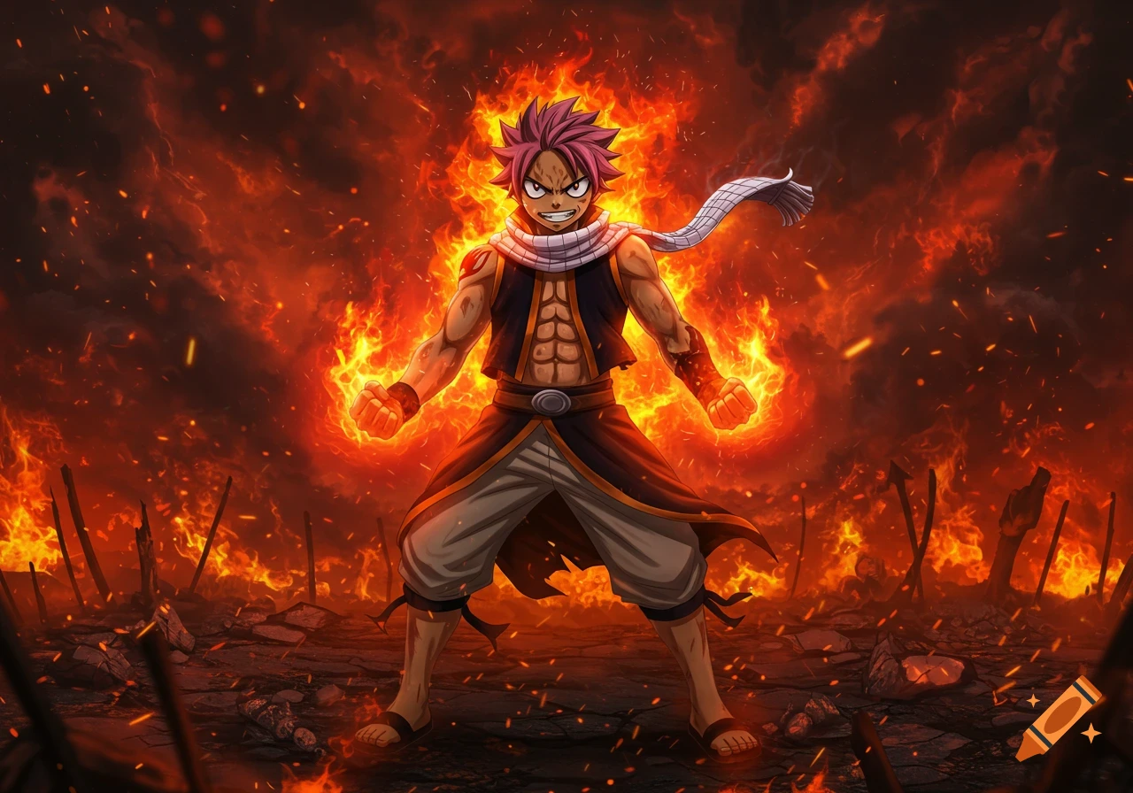 Anime character Natsu Dragneel stands with fiery fists amidst a burning, destroyed landscape.