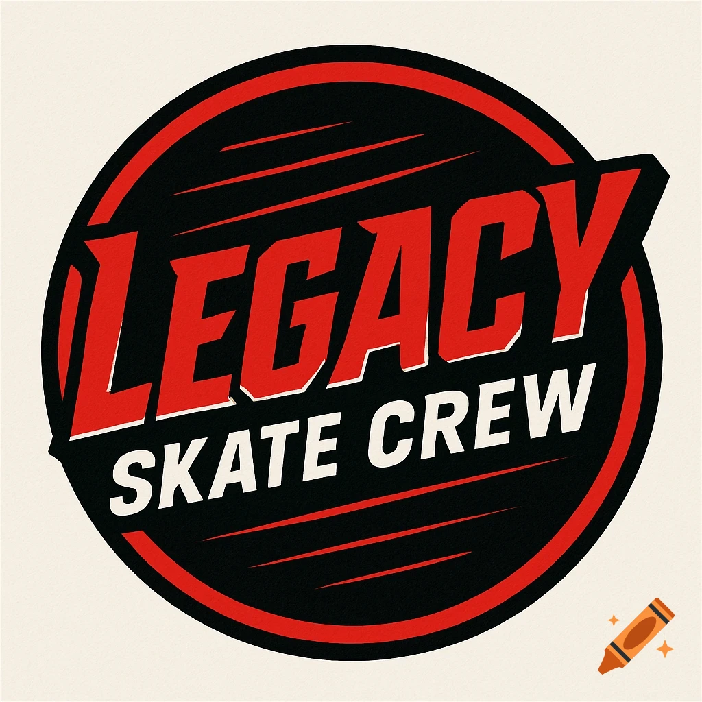 Round red, black, and white logo for 'LEGACY SKATE CREW' in a bold, new school style with accent lines.