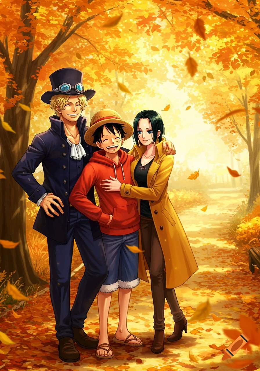 Anime characters Sabo, Luffy, and Hancock smile and hug in a bright autumn park with golden trees and falling leaves.