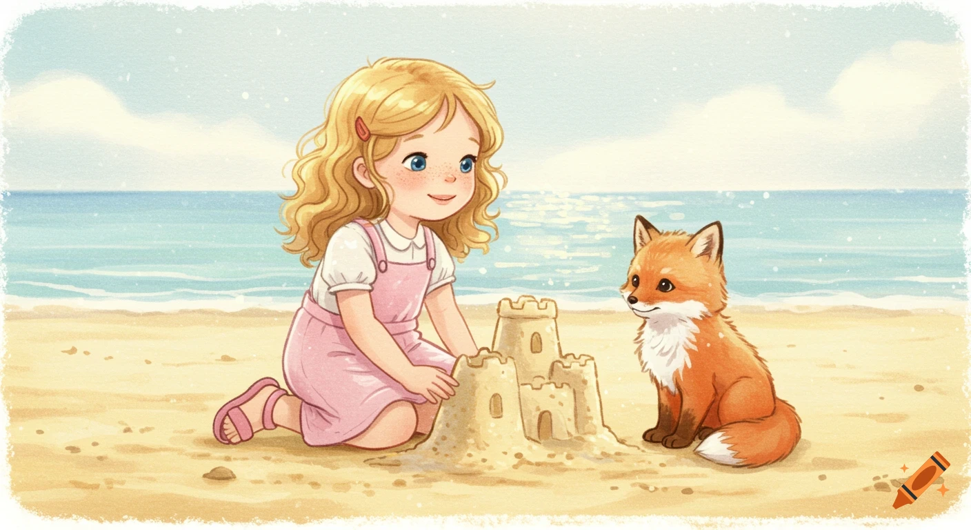 Whimsical watercolor illustration of a cheerful girl building a sandcastle on a sunny beach, with a fluffy baby fox sitting beside her.
