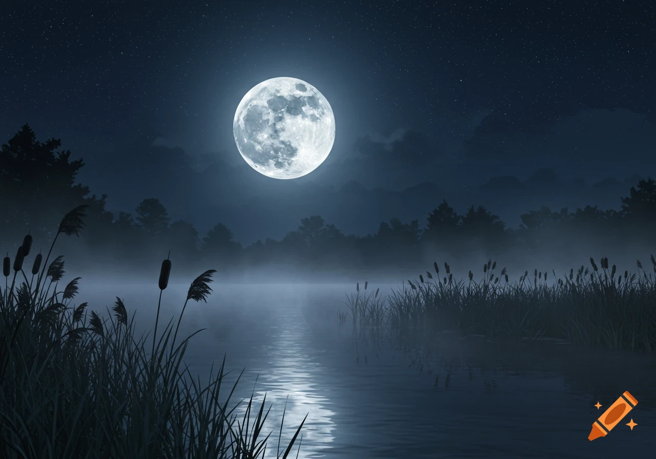 A bright full moon shines over a misty lake at night, with tall reeds in the foreground and a dark forest, under a starry sky.